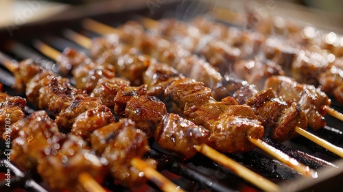 Satay or sate, skewered and grilled meat, served with peanut sauce, cucumber and ketupat photo