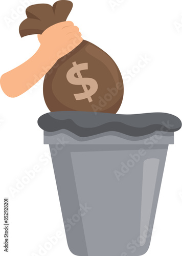 Businessman throwing a bag of money in a trash can already full, wasting money concept