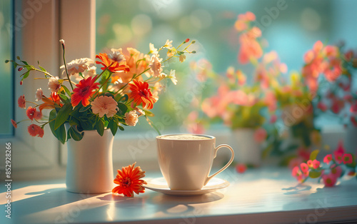 Relaxing and cozy morning coffee ambience with warm sunlight, fresh breakfast, and a tranquil scene at a sunlit table