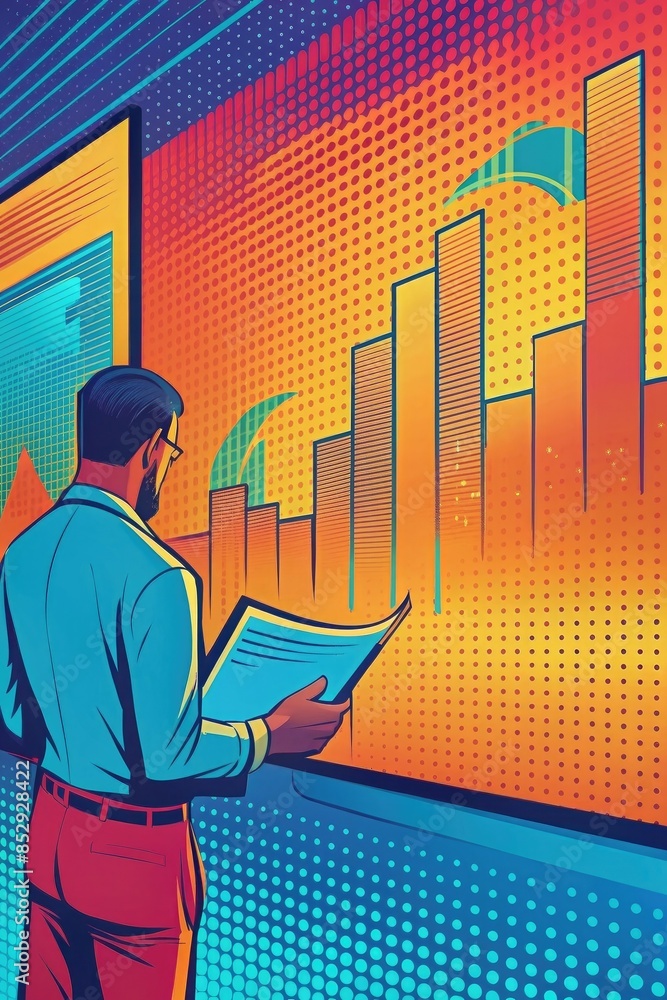 Businessman analyzing graphs, focused mood, analyzing financial data, pop art style Businessman analyzing graphs, focused mood, analyzing financial data, pop art style