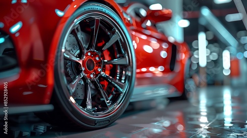 A close-up view of the luxury car's alloy wheels and brake calipers, emphasizing the precision engineering and stylish design