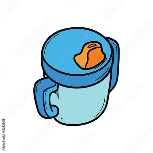 Hand drawn cartoon blue sippy cup on white background.