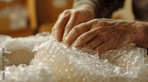 Close-up of Hands in Bubble Wrap photo
