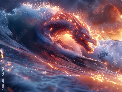 Fiery Dragon Riding a Liquid Light Wave in the Surreal Ocean