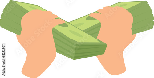 Two hands holding big stacks of cash money, financial success and wealth concept