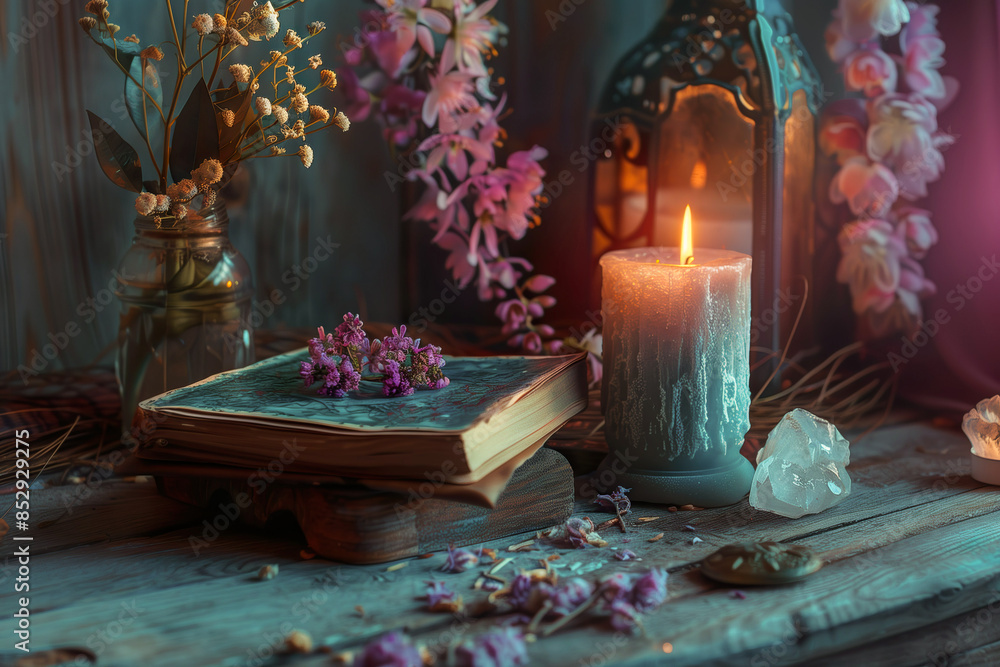 esoteric antique book with candle e flowesl, tarot mystical background, mystical lights. esoteric antique book with candle e flowesl, tarot mystical background, mystical lights.