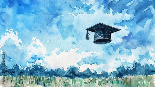 A watercolor painting of a graduation cap floating in the sky