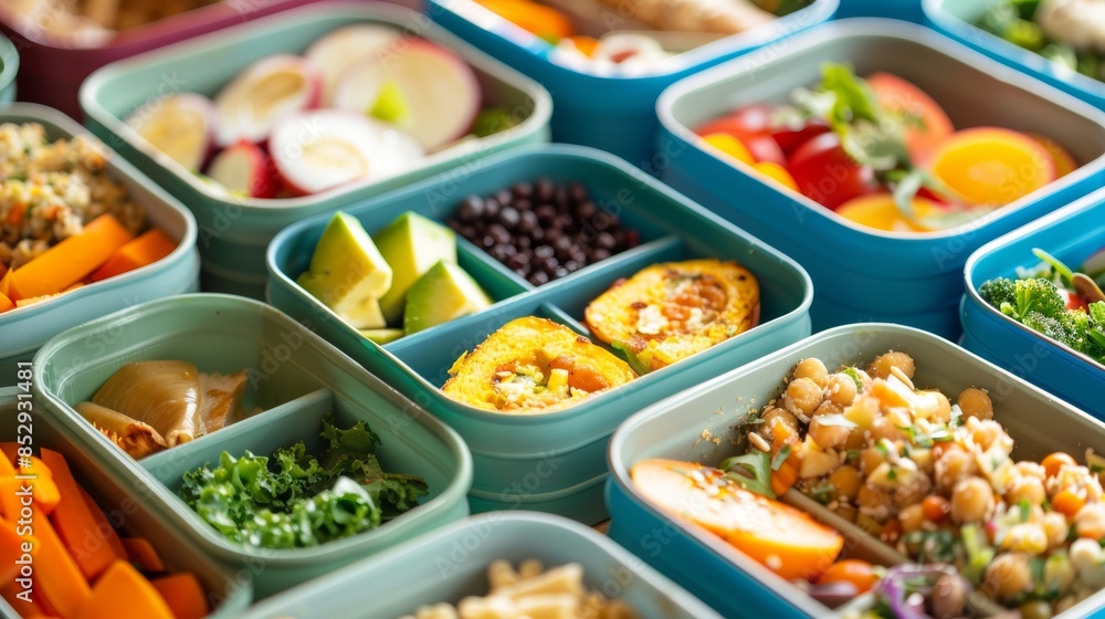 Vegetarian lunch boxes with a variety of fresh vegetables, rice and sauces. Healthy eating for an active lifestyle. Colorful and delicious lunches with broccoli, carrots, zucchini, tofu and beans Vegetarian lunch boxes with a variety of fresh vegetables, rice and sauces. Healthy eating for an active lifestyle. Colorful and delicious lunches with broccoli, carrots, zucchini, tofu and beans