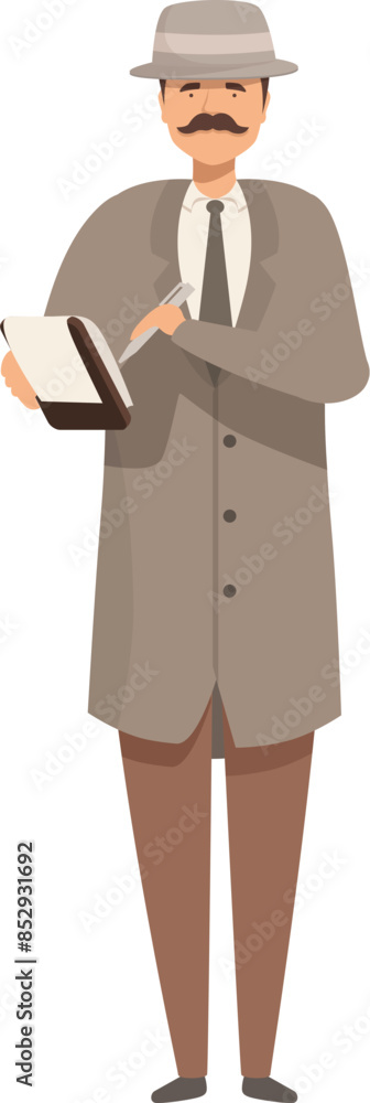 Detective character wearing hat and coat taking notes in notebook, solving crime and finding criminals Detective character wearing hat and coat taking notes in notebook, solving crime and finding criminals