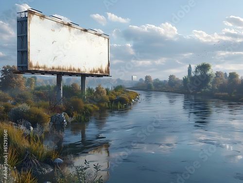 White Billboard by Tranquil Riverside   3D Rendered Landscape © Bos Amico