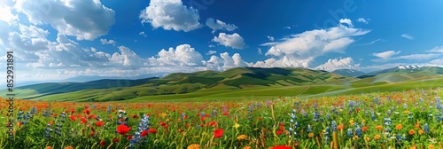 Green field with yellow dandelions and blue sky. Panoramic view to grass and flowers on the hill on sunny spring day
