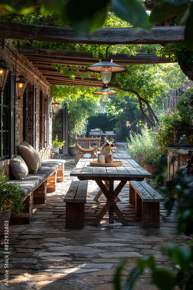 Fototapeta premium Photography of new stunning inviting garden and garden furniture. High-key, use perspective, depth, architectural digest