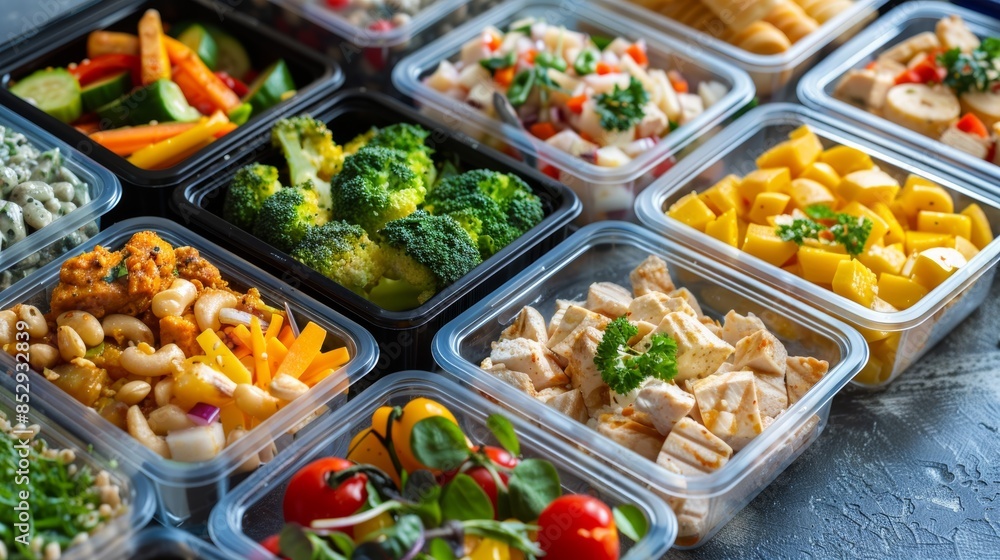 Vegetarian lunch boxes with a variety of fresh vegetables, rice and sauces. Healthy eating for an active lifestyle. Colorful and delicious lunches with broccoli, carrots, zucchini, tofu and beans Vegetarian lunch boxes with a variety of fresh vegetables, rice and sauces. Healthy eating for an active lifestyle. Colorful and delicious lunches with broccoli, carrots, zucchini, tofu and beans