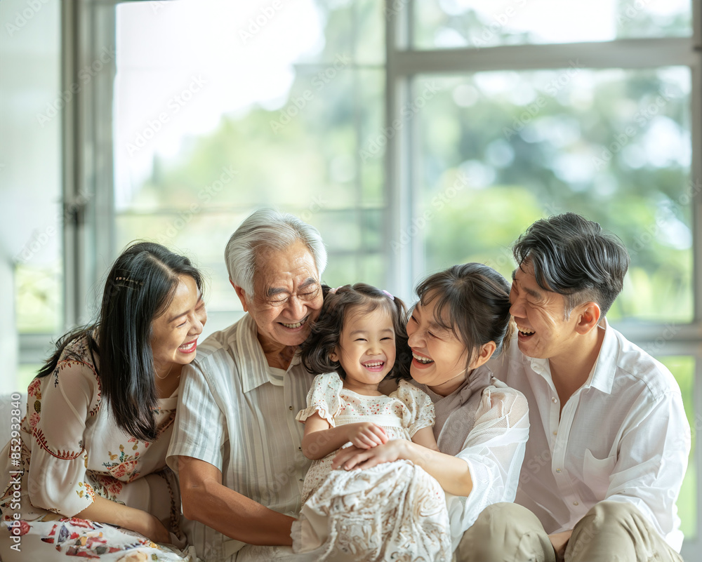 happy smile laugh asian family with grandfather father mother daughter in minimal style room happy smile laugh asian family with grandfather father mother daughter in minimal style room
