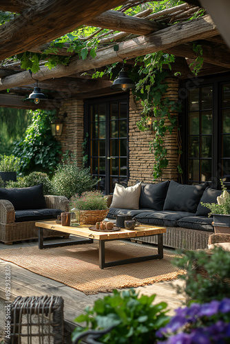 Photography of new stunning inviting garden and garden furniture. High-key, use perspective, depth, architectural digest