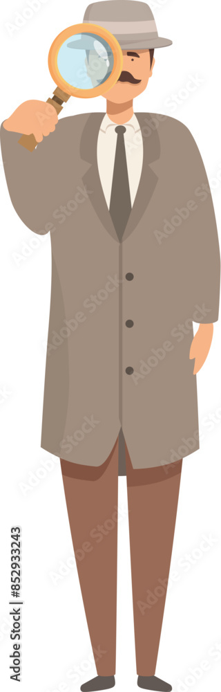 Detective character wearing hat and coat is using magnifying glass, conducting investigation Detective character wearing hat and coat is using magnifying glass, conducting investigation