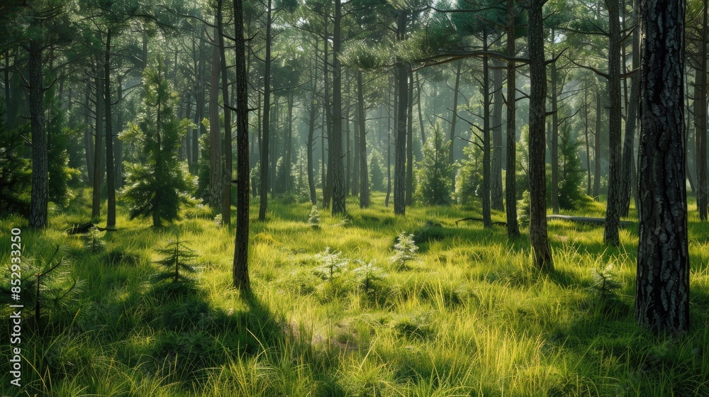 Obraz premium Vibrant forest with lush grass and pine trees