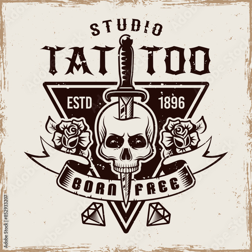 Tattoo studio vector emblem in vintage style on background with grunge textures