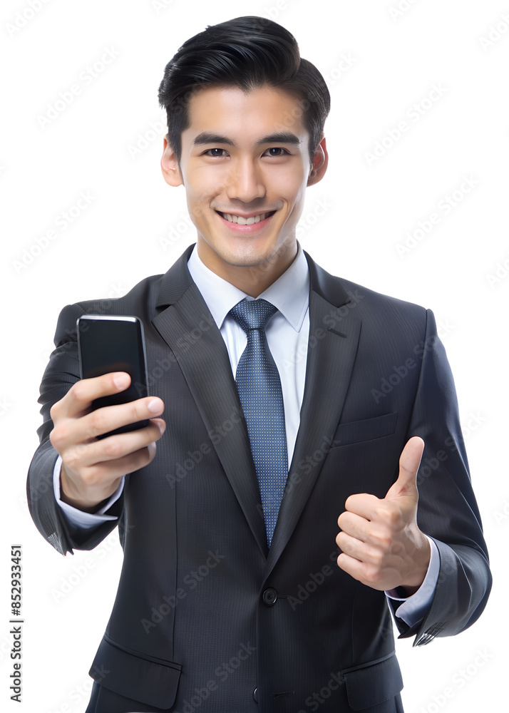 A businessman in like pose gesture with a phone isolated on transparent background