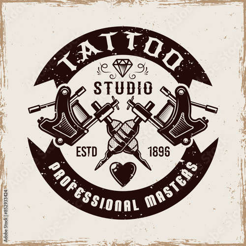Tattoo studio vector emblem in vintage style on background with grunge textures