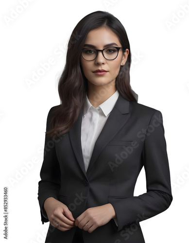 A professional beautiful woman wearing glasses and a black suit in formal pose on transparent background