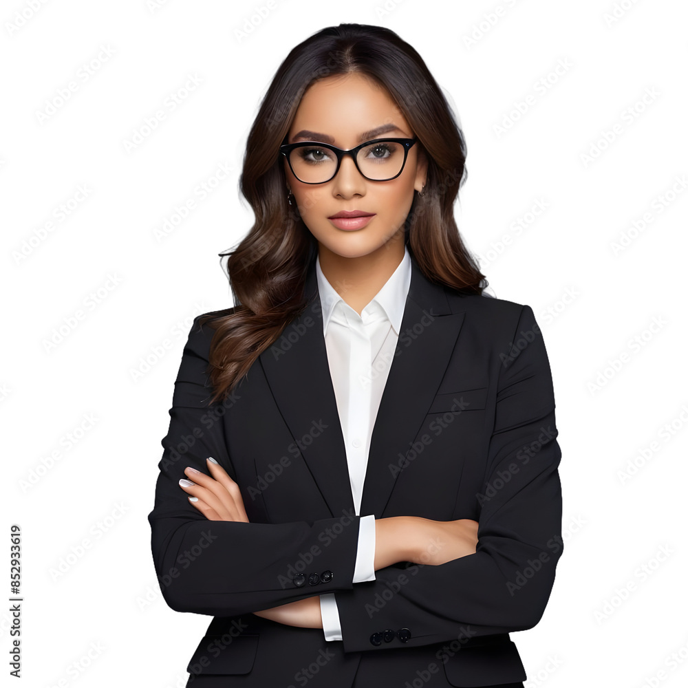 A professional beautiful woman wearing glasses and a black suit in formal pose on transparent background A professional beautiful woman wearing glasses and a black suit in formal pose on transparent background