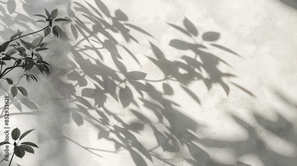 Abstract tree shadow blurred background with leaves, tree branch and light shadow on white wall Abstract tree shadow blurred background with leaves, tree branch and light shadow on white wall