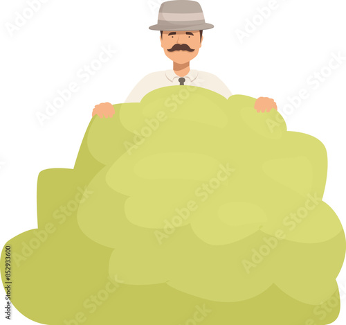 Detective is secretly observing, hiding behind a bush, conducting a discreet investigation