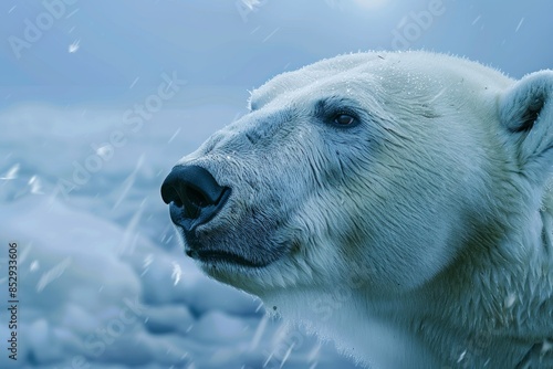 Close-up of a polar bear gazing into the distance, its habitat shrinking due to the effects of climate change. © Piyaphorn