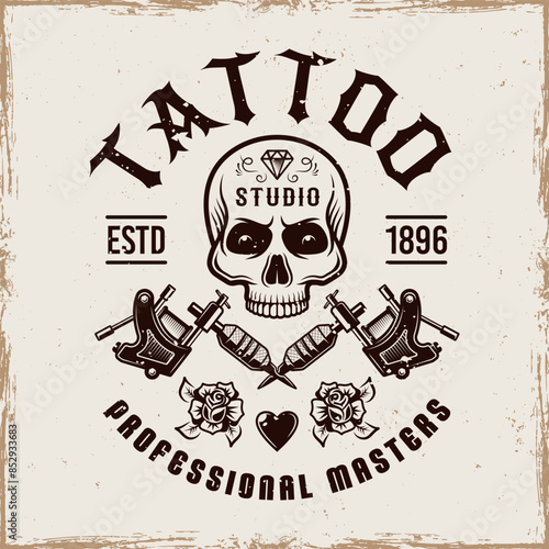 Tattoo studio vector emblem in vintage style on background with grunge textures