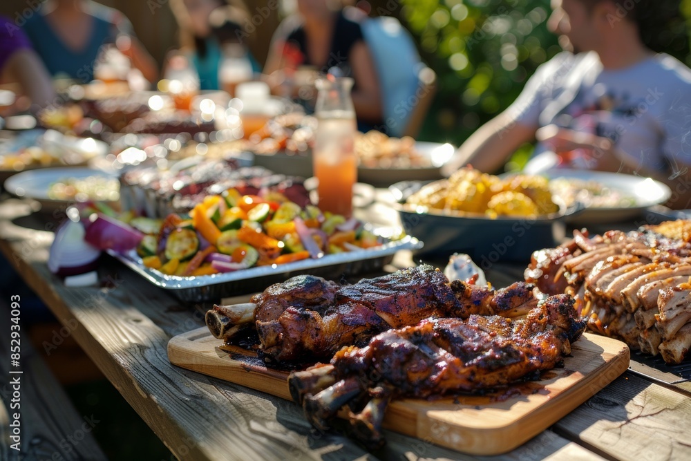 Family and friends gathered around a picnic table laden with BBQ dishes, ready to dig in at a backyard party. Family and friends gathered around a picnic table laden with BBQ dishes, ready to dig in at a backyard party.