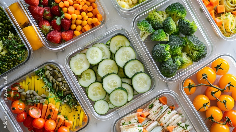 Vegetarian lunch boxes with a variety of fresh vegetables, rice and sauces. Healthy eating for an active lifestyle. Colorful and delicious lunches with broccoli, carrots, zucchini, tofu and beans Vegetarian lunch boxes with a variety of fresh vegetables, rice and sauces. Healthy eating for an active lifestyle. Colorful and delicious lunches with broccoli, carrots, zucchini, tofu and beans