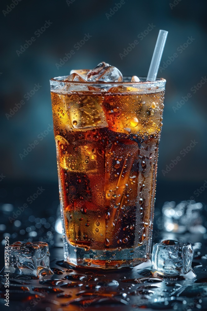 A close-up shot of a tall glass filled with iced coffee, condensation on the outside, with a straw A close-up shot of a tall glass filled with iced coffee, condensation on the outside, with a straw