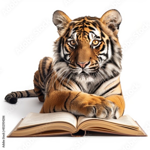 Tiger with book open isolated on white background, animal reading book