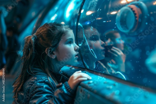 Group of students conducting a live video conference from inside a submarine at the aquarium, sharing their underwater discoveries with classmates. photo