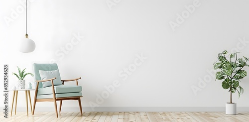 Fototapeta Naklejka Na Ścianę i Meble -  empty wall in living room with green and white color theme, Scandinavian interior design