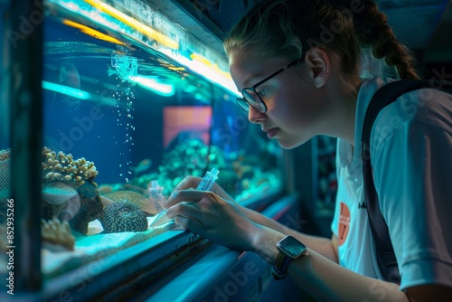 Student conducting water quality tests inside a submarine aquarium, studying the health of aquatic environments. photo