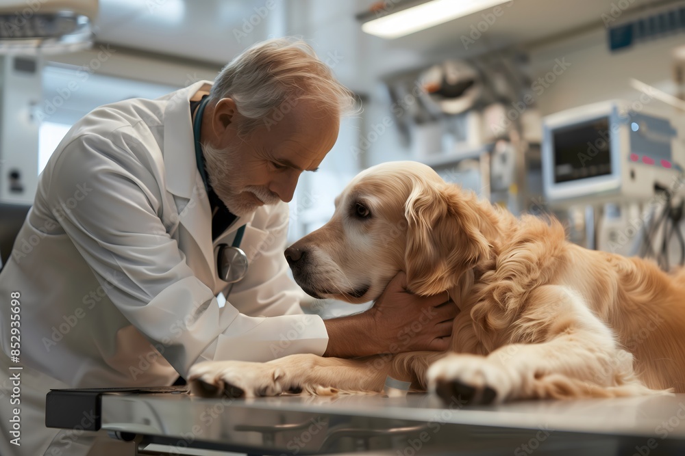 Caring veterinarian in a white coat examining a dog in a modern veterinary clinic Caring veterinarian in a white coat examining a dog in a modern veterinary clinic