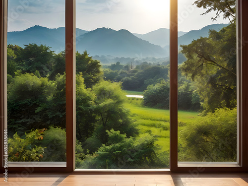 Landscape nature view background. view from modern window at a wonderful landscape nature view. photo