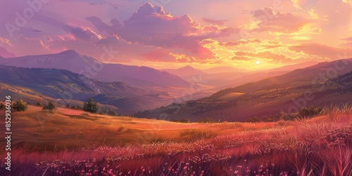 Amazing mountain landscape with colorful vivid sunset on the cloudy sky, natural outdoor travel background. Beauty world.