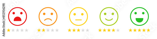 Set of customers ret satisfaction level emoticon icon. Rating emoji icon set in different color outline. Star rating emoji icon set. Vector illustration.