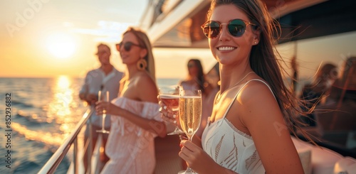 Two women holding champagne flutes on a luxury boat against a sunset, conveying a sense of celebration and high life