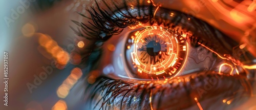 Human eye enhanced with glowing orange digital interfaces and circuits, emphasizing cybernetic advancements and futuristic technology