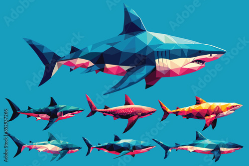 Set of shark or white shark, low polygon style, vector illustration, isolated on blue background