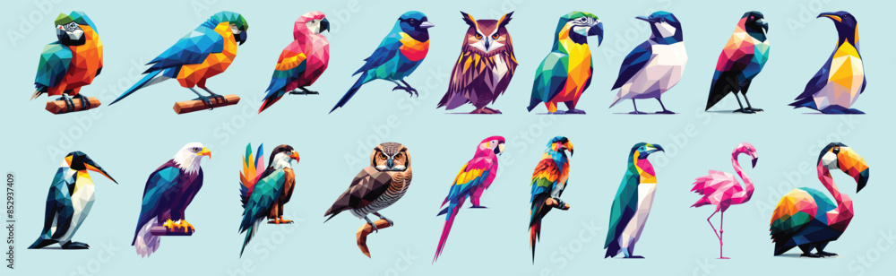 Obraz premium Set of bird, low polygon style, vector illustration, isolated on light blue background
