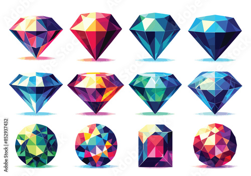 Set of colorful gemstones or diamond, low polygon style, vector illustration, isolated on white background