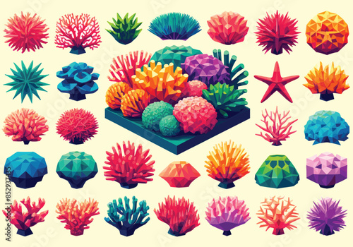 Set of coral, low polygon style, vector illustration, isolated on light yellow background