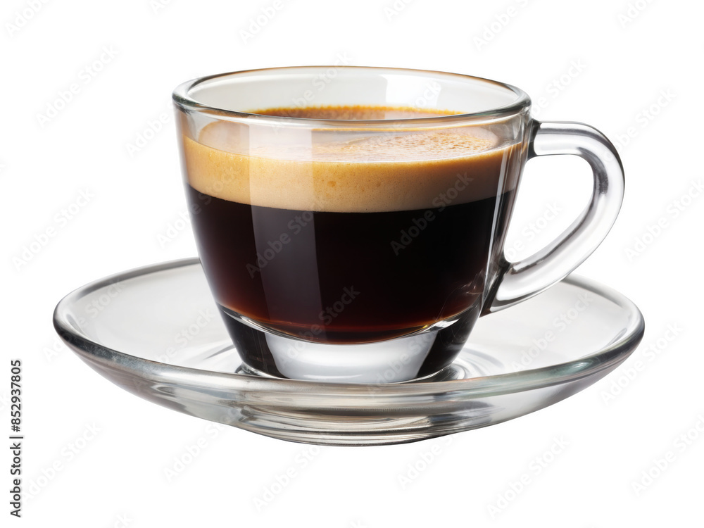 Glass espresso cup with saucer, ideal for serving hot espresso or coffee. The clear design and sleek handle add a modern touch to your coffee experience. Isolated on transparent background, png. Glass espresso cup with saucer, ideal for serving hot espresso or coffee. The clear design and sleek handle add a modern touch to your coffee experience. Isolated on transparent background, png.