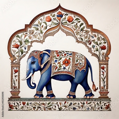 pattern Mughal peacock painting with mughal king on white background