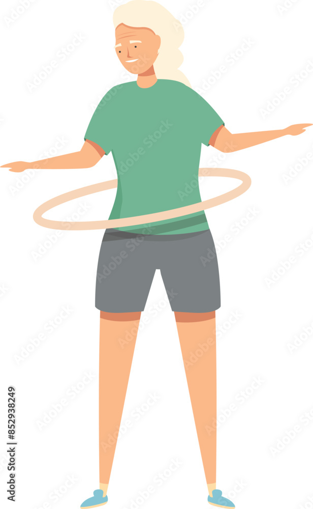 Elderly woman is exercising with a hula hoop, promoting an active and healthy lifestyle in old age Elderly woman is exercising with a hula hoop, promoting an active and healthy lifestyle in old age